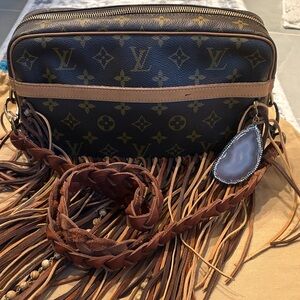 Vintage Boho Riviera Monogram Brown Crossbody Bag with Fringe